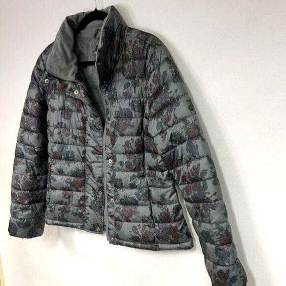 Gap Coat Women's Large Gray Red Floral Puffer Long Sleeve Lined Full Zip Snaps - Picture 9 of 12